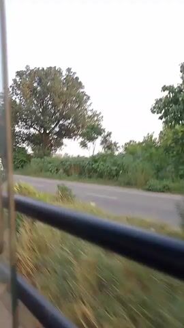 The video shows a view from inside a vehicle, likely a bus, looking out a window. The passenger is looking out the window to the right, which is a road and the landscape beside it. A white pickup truck is driving on the road, and beyond the road are trees and vegetation. The sky is overcast. The scene appears to be rural.