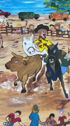 Folk art painting of rural fair documented in Maracay