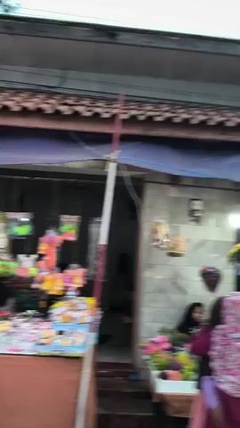 The video shows a street market with several stalls. People are walking around and browsing the merchandise. The stalls are selling a variety of items, including toys, clothing, and accessories. The market appears to be outdoors, with tents and awnings providing shade. The lighting suggests it is either early morning or late afternoon. The environment is busy and lively.