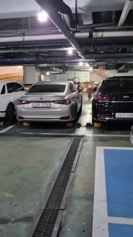The video shows a parking garage. In the foreground, there is a white SUV with a blue parking space marker. To the left is a black sedan, and further left is a silver sedan. In the background, there are two white vans. One van has a green stripe and the other has a green stripe with white lettering. There is a red sign with Korean text on the wall. To the right of the vans, there is an elevator entrance. A person wearing black clothing is standing near the elevator entrance, and a wheelchair is positioned in front of the elevator.