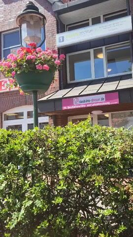The video pans across the front of a brick building. A street lamp with a planter of pink flowers hangs in front of the building. Behind the flowers, signs are visible. One sign reads "POST-APOTHEKE" in large red letters. Another sign has a white "A" on a red background. Further down the building, a sign reads "dasbüro-dreser.de". The building appears to be a business or shop. Green bushes are in the foreground. The sky is blue with some clouds. There are no people visible in the video.