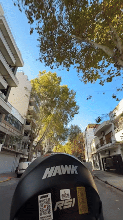 Tattooed motorcyclist rides tree-lined Buenos Aires street
