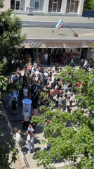 Students gather outside sports school in Pleven, Bulgaria