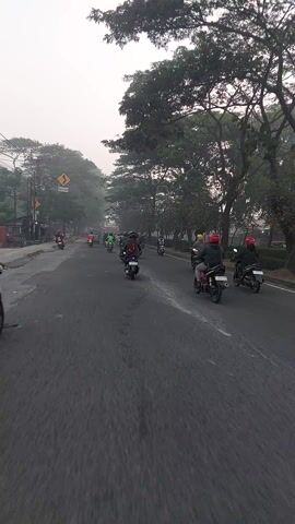 This media file captures a group of motorcyclists riding along a paved road in a tropical, possibly humid, environment. The time of day appears to be early morning or late afternoon, with soft, diffused light and a hazy sky. The road is lined with lush, mature trees, suggesting a natural or semi-rural setting. The overall atmosphere is one of movement and community as the riders travel together.

The subjects are primarily people riding motorcycles. Their attire is varied, with some wearing helmets and jackets, indicating a need for protection on the road. The motorcycles themselves are a mix of styles, suggesting a casual group ride rather than a formal event. There are also some smaller vehicles, possibly a green mini-van or a large scooter, interspersed within the group.

The scene is dynamic, with the camera perspective appearing to be mounted on one of the motorcycles, looking forward and slightly to the side. This gives a sense of speed and immersion in the ride. The road surface is asphalt, and there are some painted lines indicating lanes. On the side of the road, there are hints of urban infrastructure, such as utility poles and what appear to be traffic signs. One sign is a yellow diamond shape with a black symbol of a winding road, indicating a caution for curves ahead. Another sign visible below it is yellow and has black text that appears to be "HATI-HATI," which translates to "be careful" or "take care" in Indonesian, further reinforcing the cautious nature of the ride or the road conditions. There is also a circular sign with the number "50" on it, likely indicating a speed limit.

The weather appears to be overcast or misty, contributing to the soft lighting and slightly muted colors. The trees are dense and green, suggesting a location with significant rainfall. The presence of Indonesian text on the signage strongly indicates the location is in Indonesia, consistent with the provided context of Mata Gara. The mood is one of shared adventure and a relaxed pace, as the group navigates the road together.
