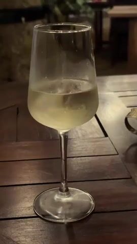 A full shot shows a glass of white wine with ice cubes on a wooden table. The background is dark and out of focus, with some greenery visible.