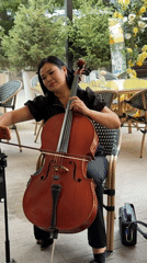 Outdoor cello, café table styling, and skincare products in Bishkek