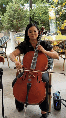 Outdoor cello, café table styling, and skincare products in Bishkek