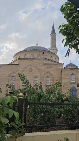 A video shows a brick mosque with a large dome and a tall minaret. Trees and a decorative metal fence are in the foreground. The sky is partly cloudy.