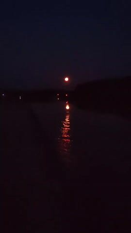 The video captures a dark, still body of water reflecting lights from streetlamps or similar artificial sources. The overall atmosphere is nighttime. The water surface appears calm, with the reflections creating elongated streaks of orange and yellow light. The horizon is a dark silhouette, suggesting land or trees. The scene is dimly lit, with only the reflections and a few distant, blurred lights visible against the deep blue-black sky. There are no people or distinct objects visible in the foreground or on the water.