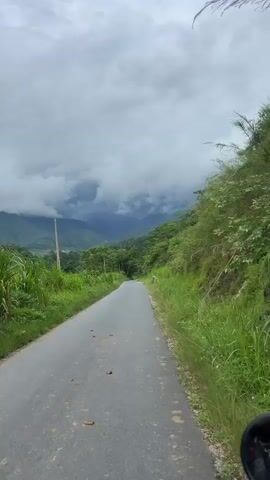 The video shows a paved road winding through a lush green mountain landscape. The road is empty and appears to be going uphill. On either side of the road, there is dense vegetation, with trees and tall grass. In the distance, a range of mountains is visible, partially obscured by dramatic, dark clouds. The sky is overcast, suggesting impending rain or a stormy atmosphere. The perspective is from a moving vehicle, likely a motorcycle or car, as a small portion of a black object, possibly a mirror or fender, is visible in the bottom right corner of the frame. There are no people or other vehicles visible in the video. The overall scene evokes a sense of journey and immersion in nature, with a hint of the dramatic weather.