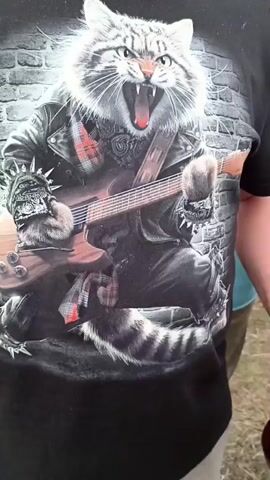 A person wearing a black t-shirt with a graphic of a snarling cat playing a guitar is shown. The cat is depicted as a rockstar, wearing a leather jacket with spikes and a bandana. The background appears to be an outdoor event, possibly a concert, with other people visible and a stage structure in the distance. The person is holding a brown glass bottle in their right hand. The video is a short, static shot.