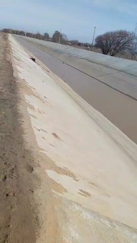The video begins focused on a water-filled concrete canal, then pans left across a muddy, dirt path with puddles. In the background, there are fields and snow-capped mountains are visible in the distance. A dilapidated structure of cinder blocks and corrugated metal roofing is visible in the foreground. No people or animals are visible in the video.