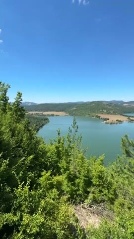 A static shot of a wide, calm body of water, possibly a lake or reservoir, under a clear blue sky with a few wispy white clouds. The water is a greenish-blue hue. The foreground is dominated by lush green trees and foliage, with the branches and leaves creating a natural frame for the view. In the middle ground and background, rolling hills and mountains can be seen, interspersed with patches of light brown fields and darker green forested areas. The overall impression is a serene and expansive natural landscape on a sunny day.