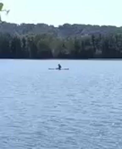 A person is paddling a kayak on a calm body of water. The person is positioned in the center of the kayak and is using a paddle to move forward. The kayak is a single-person vessel. The water is blue and appears still, with small ripples. In the background, there is a tree line along the shore, with dense foliage. The sky is clear and light. The image is of low resolution and slightly blurry.