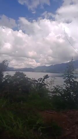 The video begins with a shaky, handheld shot of a natural landscape. In the foreground, there are piles of dirt and some dry, thorny branches. Beyond this, there are several green leafy bushes and trees. In the midground, a large body of water, likely a lake, is visible, with hills or mountains in the distance under a cloudy sky. The camera pans slowly to the right. As the video progresses, the vegetation in the foreground becomes thicker and greener, with more grass. A wire fence appears briefly on the left. The camera continues to pan right and moves forward. The final shot shows an entrance gate to what appears to be a park or recreational area. The gate is made of green metal and has an arched structure. To the right of the gate is a small blue building, possibly a guardhouse or ticket booth. The ground in front of the gate is a dirt or gravel path. Trees with pink flowers are visible behind the gate to the left.