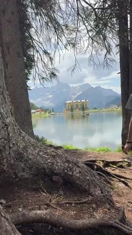 A person walks towards a serene lake, framed by the rough bark of a large tree in the foreground. The person is dressed in a casual grey shirt and dark pants, and turns their head to look at the impressive mountain range in the distance. The lake reflects the sky, which is partly cloudy, suggesting a pleasant day. On the far side of the lake, a grand, light-colored building stands prominently, hinting at a resort or hotel. Scattered buildings and lush green vegetation dot the shoreline. The overall scene evokes a sense of tranquility and natural beauty, with the majestic mountains providing a dramatic backdrop. The time of day appears to be daytime, possibly late morning or early afternoon, given the bright lighting. The location appears to be a scenic area with a lake and mountains, consistent with a place like Auronzo di Cadore, Italy. There is no visible text in the media file.