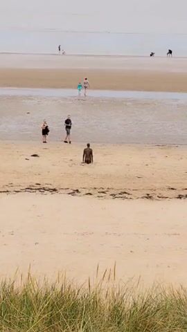 A wide shot of a sandy beach at low tide. In the foreground, tall dune grass lines the bottom of the frame. In the mid-ground, a dark, human-shaped sculpture is partially submerged in the sand. To the left of the sculpture, two people stand talking. Further back, a group of three people walks towards the water. In the background, the shallow water stretches to the horizon where it meets a hazy sky. There are a few other small figures in the distance, and a dark object, possibly a dog, is on the sand to the far right. The scene is calm and appears to be during daylight hours.