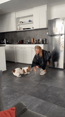 Woman plays with brown-white dog in Thai home