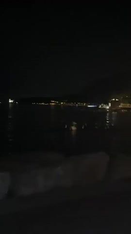 THE VIDEO IS A VERY DARK NIGHTTIME FOOTAGE. IT APPEARS TO BE SHOT FROM A WATERFRONT AREA, POSSIBLY A ROCKS OR SEA WALL, OVERLOOKING A BODY OF WATER. IN THE WATER, SEVERAL FIGURES ARE VISIBLE, APPEARING TO BE PEOPLE SWIMMING OR PLAYING. SOME LIGHTS ARE VISIBLE IN THE DISTANCE ACROSS THE WATER, SUGGESTING A TOWN OR CITY. AS THE VIDEO CONTINUES, IT PANS TO THE RIGHT AND SHOWS MORE LIGHTS FROM STREET LAMPS AND BUILDINGS ALONG WHAT APPEARS TO BE A SHORELINE OR PROMENADE. THERE ARE ALSO REFLECTIONS OF LIGHTS IN THE WATER. THE FOOTAGE IS SHAKY AND THE QUALITY IS POOR DUE TO THE LOW LIGHT CONDITIONS.