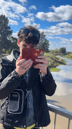 Man plays Nintendo 3DS on bridge overlooking canal