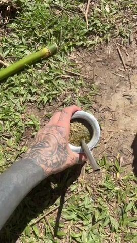 The video begins with a close-up shot of a person's hand holding a traditional South American gourd filled with yerba mate and a metal straw, known as a bombilla. The gourd is made of wood with a metal rim. The hand has intricate black tattoos covering the wrist and forearm. The background shows dry soil and green grass with some fallen leaves and a long green bamboo stick lying on the ground. The camera then slightly pans and zooms out, focusing on the gourd and bombilla as the person moves their hand. In the subsequent frames, the camera continues to zoom out, revealing more of the surrounding environment. The scene appears to be outdoors, possibly a park or a natural area, with lush green vegetation, trees, and a dirt path. The sunlight filters through the leaves, creating dappled shadows. The video concludes with a wider shot of the path and trees, suggesting the person is walking or has just stopped while enjoying their mate.