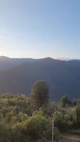 This video captures a tranquil mountain landscape in Milisi, Georgia, at sunrise. The scene is dominated by rolling, densely forested hills and mountains that recede into the distance, their slopes cloaked in a soft, bluish haze. The foreground is filled with lush green trees and foliage, some with bare, skeletal branches reaching towards the sky.

As the sun begins its ascent, it casts a warm, golden glow across the scene. The sun itself, a brilliant orb of light, is partially obscured by the ridgeline of a mountain, creating a breathtaking sunrise effect. The sky above is a clear, pale blue, with a few wispy clouds adding subtle texture. The light filters through the trees, dappling the landscape with shadows and highlights, creating a serene and peaceful atmosphere.

In the mid-ground, nestled amidst the trees, a small, multi-story house is visible. Its presence suggests a human dwelling within this natural expanse, adding a touch of life to the otherwise wild setting. The overall impression is one of natural beauty and quietude, typical of a mountain morning in a rural location. The time of day is clearly early morning, indicated by the rising sun and the soft, diffused light. The weather appears clear and pleasant. There is no visible text in the video.