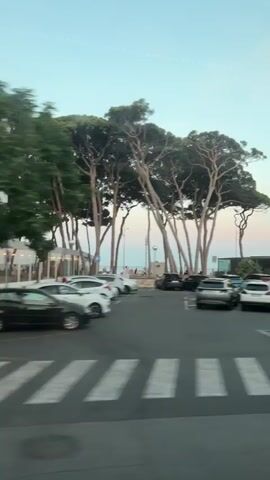 This media file captures a view of a parking lot and its surroundings, likely in Vila-seca, Spain, during the late afternoon or early evening, as indicated by the soft, warm light. The scene is characterized by a row of tall, distinctive pine trees with umbrella-like canopies, interspersed with palm trees. These trees line the perimeter of a large, paved parking area filled with various cars.

In the background, a modern building with a reddish-brown facade and large windows is visible, suggesting a commercial or recreational establishment. The sky above is a pale blue with hints of pink and orange from the setting sun. The motion blur present in the video suggests that the recording was taken from a moving vehicle, likely a car or bus, as it travels past the parking lot.

The parking lot appears to be well-utilized, with many vehicles parked in designated spaces. Some of the cars visible include a blue sedan, several SUVs, and smaller passenger cars, in various colors like white, black, and silver. In the foreground, there are pedestrian crossing markings and what appear to be recycling bins. The overall atmosphere is one of a typical suburban or tourist area, possibly near a beach or leisure facility, given the presence of palm trees and the coastal feel. There are no prominent human figures clearly identifiable, but the presence of cars implies people are associated with the location. No discernible text is visible in the media file.