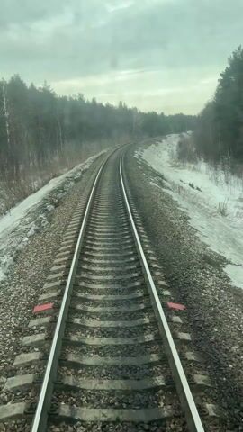 The video shows a first-person view of a train track running through a forest. The sky is overcast and the landscape on either side of the tracks is covered with a mix of snow and vegetation. The tracks curve gently to the right, disappearing into the distance. There are small red markers along the side of the track. The ground is covered with gravel.