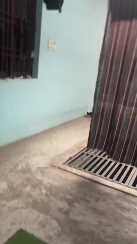 The video shows a dimly lit interior space with a light blue wall on the left and a striped curtain or screen covering a large portion of the right side of the frame. The curtain has vertical red and dark stripes. Above the curtain, there is a skylight with horizontal slats, allowing light to enter. The overall impression is of a room with limited visibility, possibly during daytime but with obstructed natural light. The floor appears to be concrete or a similar material. The camera movement is shaky and predominantly pans upwards, focusing on the skylight and the patterns of light and shadow it creates. No people or specific actions are discernible due to the low quality and blurriness of the footage.