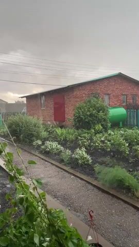 The video shows a backyard with a brick building in the background and a garden in the foreground. It appears to be raining heavily, as indicated by the streaks of water visible in the air and the wet ground. The building has a red door and a green water tank attached to the side. The garden is full of various plants and shrubs. The sky is overcast with dark clouds, suggesting stormy weather.