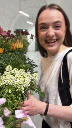 Woman explores flower display in Kragujevac market