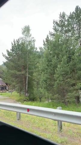 This video captures a scenic view of a rural area in Ust-Muny, Russia. The scene features a variety of structures, including a large, cone-shaped building with a dark roof and canvas siding, suggesting it might be a yurt or a similar dwelling. Adjacent to this are smaller wooden buildings, some appearing to be sheds or outbuildings, and a covered area with what looks like seating. In the foreground, a white metal guardrail runs along the edge of what appears to be a dirt or gravel road.

The surrounding environment is lush and green, dominated by tall trees, including pines and birches, indicative of a forested or mountainous region. A gentle slope rises behind the buildings, suggesting a hilly or mountainous landscape. The ground in front of the structures is a mix of gravel and grass, with some areas appearing to be more cultivated, possibly indicating a park or recreational area.

Objects visible in the scene include what looks like a small model boat or decorative structure, and a red and blue boat. There are no people clearly visible in the initial frames, though there are indications of human presence through the structures and activity.

The weather appears to be overcast, with a muted light suggesting it might be morning or late afternoon on a cloudy day. The overall atmosphere is peaceful and serene, conveying a sense of being in a remote and natural setting. The video appears to be shot from a moving vehicle, indicated by the slight shake and the framing through what seems to be a car window. There is no visible text in the video.
