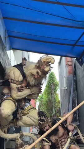 The video shows a large decorative sculpture in an alleyway, consisting of a white monkey-like figure above a black figure kneeling below. The monkey-like figure has ornate gold-colored wrist and arm bands and a matching crown. It is shown with its arms crossed. The kneeling figure has a similar crown, arm and wristbands, and is holding the ends of long ropes that seem attached to the monkey-like figure. A bamboo pole is angled across both figures. A blue tarp is visible at the top of the frame, and a building with some greenery behind it is visible in the background.
