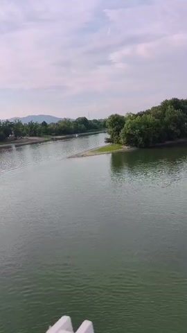 The video shows a view from a bridge overlooking a wide, calm river with green water. On the left side of the river, there are trees and hills in the distance. In the center of the river, there is a small island covered in dense green trees. On the right side of the river, there is more vegetation and trees along the bank. The sky is partly cloudy with a soft light, suggesting it might be early morning or late afternoon. In the distance, a small orange kayak can be seen on the water. The foreground shows a white railing of the bridge. The video pans slightly to the right, revealing more of the river and the tree-lined banks.