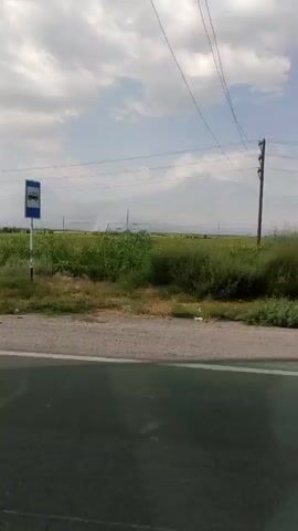 The video is a first-person perspective recording of a roadside view, likely from a moving vehicle. The scene depicts a rural or semi-rural environment with a paved road in the foreground and a field of green vegetation, possibly crops or tall grass, stretching into the background. Several utility poles and power lines are visible against a partly cloudy sky. In the second frame, two distinct umbrella-like structures are visible by the roadside. The video appears to be shot on a sunny day. There are no people or distinct interactions visible in the recording.