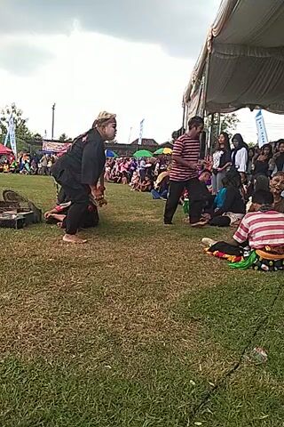 Here is a concise description of the video:

The video shows a man in black clothing performing a martial arts demonstration. He is standing on a grassy field in front of a seated audience under a canopy. Some audience members are sitting on the ground, while others are on a raised platform.  The video is shot from a low angle and is oriented vertically.