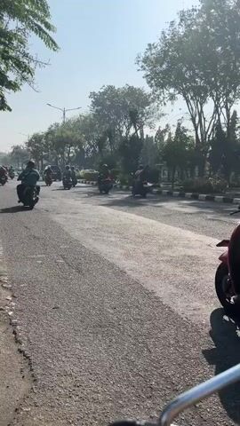 The video shows a busy street scene with many motorcycles and scooters. The road is paved and appears to be in good condition. There are trees and vegetation on the sides of the road. The sky is blue and clear, suggesting a sunny day. The people on the motorcycles are wearing helmets and casual clothing. Some of the motorcycles are carrying passengers. The overall impression is of a typical urban environment with a lot of motorcycle traffic.