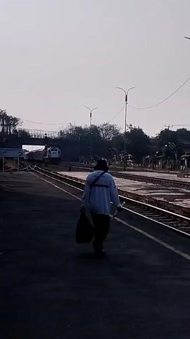 A person walks along a train platform with a bag and a long object, possibly a stick or broom. A train is visible approaching on the tracks in the background. The environment appears to be an outdoor train station with overhead lights and some trees. The sky is overcast and the lighting suggests it is either early morning or late afternoon.