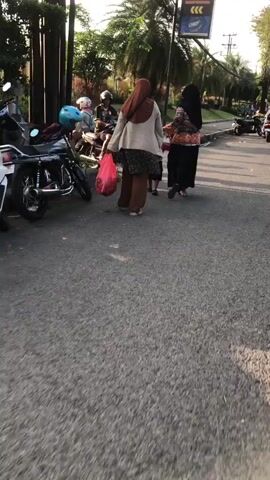 The video begins with a shot of three people walking away from the camera on a paved road. The person in the middle is a child, and the two adults appear to be women wearing hijabs. One of the women is carrying a large red bag. Behind them, a motorcycle is parked on the left side of the road. The video then shifts to focus on a motorcycle with a rider wearing a helmet and a dark shirt, approaching from the left. In the background, another motorcycle with a rider is visible, and palm trees and other foliage are present. The scene appears to be outdoors in daylight.