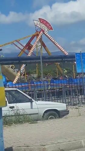 Viking amusement ride operates with passengers in Kumluca, Turkey