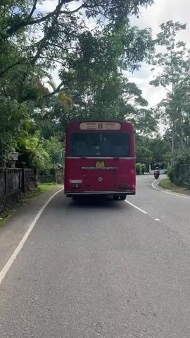 The video shows a red bus driving on a paved road. The bus has a license plate that is visible and reads "62-9453". It has the words "Lanka Ashok Leyland" on the back. The road is surrounded by lush green trees and plants. A motorcycle can be seen in the distance ahead of the bus. The weather is overcast with a cloudy sky.