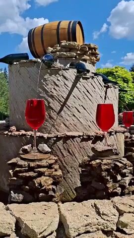 A decorative fountain is designed to resemble a wine-themed display. A wooden barrel sits at the top of the structure, and below it, several large, red wine glasses are strategically placed. Water flows from what appear to be wine bottles and a barrel, creating a cascading effect that mimics wine pouring into the glasses. The fountain is made of stacked stones and is surrounded by a rocky, outdoor environment with greenery and a blue sky with clouds visible in the background. Two children are partially visible in the background to the right of the fountain.