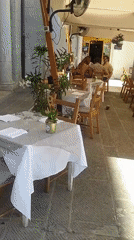 Restaurant outdoor dining area documented in Livorno, Italy