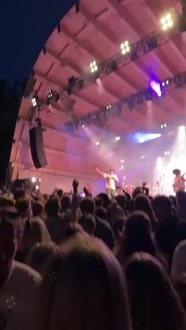 A concert crowd viewed from behind, facing a stage with a musician in a white t-shirt and blue shorts singing into a microphone. The stage is lit with pink and purple lights and smoke. The audience members have their hands raised in the air. The video is comprised of short, shaky clips, suggesting it was filmed on a mobile phone.