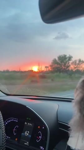 The video is taken from the driver's seat of a car driving along a road with a sunset visible in the distance. The sky is a mix of gray and orange as the sun sets behind the trees. The dashboard shows the car is traveling at approximately 60 kilometers per hour. Another vehicle passes in the opposite direction. There are rain droplets visible on the windshield.  A fuzzy object is hanging from the rearview mirror.