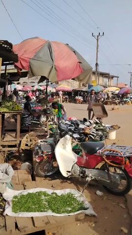 The video shows a bustling open-air market scene, possibly in Africa. A red and white motorcycle stands in the foreground, laden with a pile of used footwear.  A bed of green leafy vegetables lies on a pallet beside the motorcycle. In the background, people mill about among market stalls shaded by colorful umbrellas. A man pushes a wheelbarrow. Several people are standing near a second motorcycle, appearing to talk. Cars are driving past in the distance. Overhead, power lines stretch across the sky.