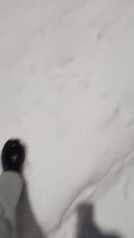 A person wearing gray pants and black boots walks in the snow. The shadow of the person taking the video is visible on the snow. The snow appears to be fresh and powdery. The lighting is overcast.