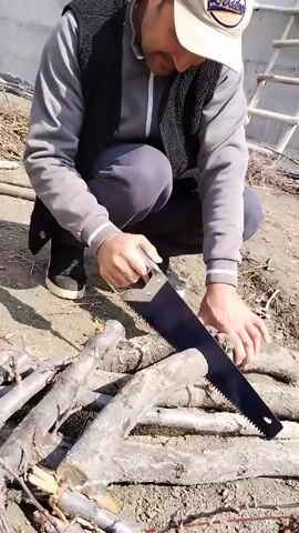 A man is crouched down on a dirt surface outside, sawing small tree branches with a handsaw. He wears a baseball cap, a grey long-sleeved shirt, a dark vest, and dark trousers. The branches are arranged on the ground, and a cut piece is visible. A ladder leans against a wall in the background. The setting appears to be a yard or outdoor work area on a sunny day.