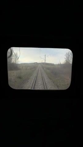 The video captures a forward-facing view from inside a train, looking down a straight railway track. The view is framed by a dark, possibly window-like, border. Two parallel train tracks recede into the distance, flanked on either side by a narrow strip of gravel and then by overgrown, mostly bare trees and sparse green vegetation, suggesting late autumn or early spring. Several utility poles with overhead power lines are visible alongside the tracks, also receding into the distance. The sky is overcast and grey, indicating a cloudy day. The train is moving forward, evidenced by the passing scenery. The overall scene depicts a rural or semi-rural landscape. No people are visible. A melodic song with a female vocalist is playing in the background. The location context for this video is Urusovo, Russia.
