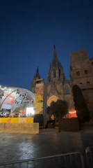 Concert stage setup underway at Barcelona's Gothic Cathedral plaza